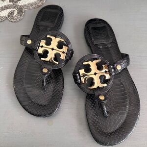 Tory Burch Black Faux Snakeskin Logo Thong Sandals